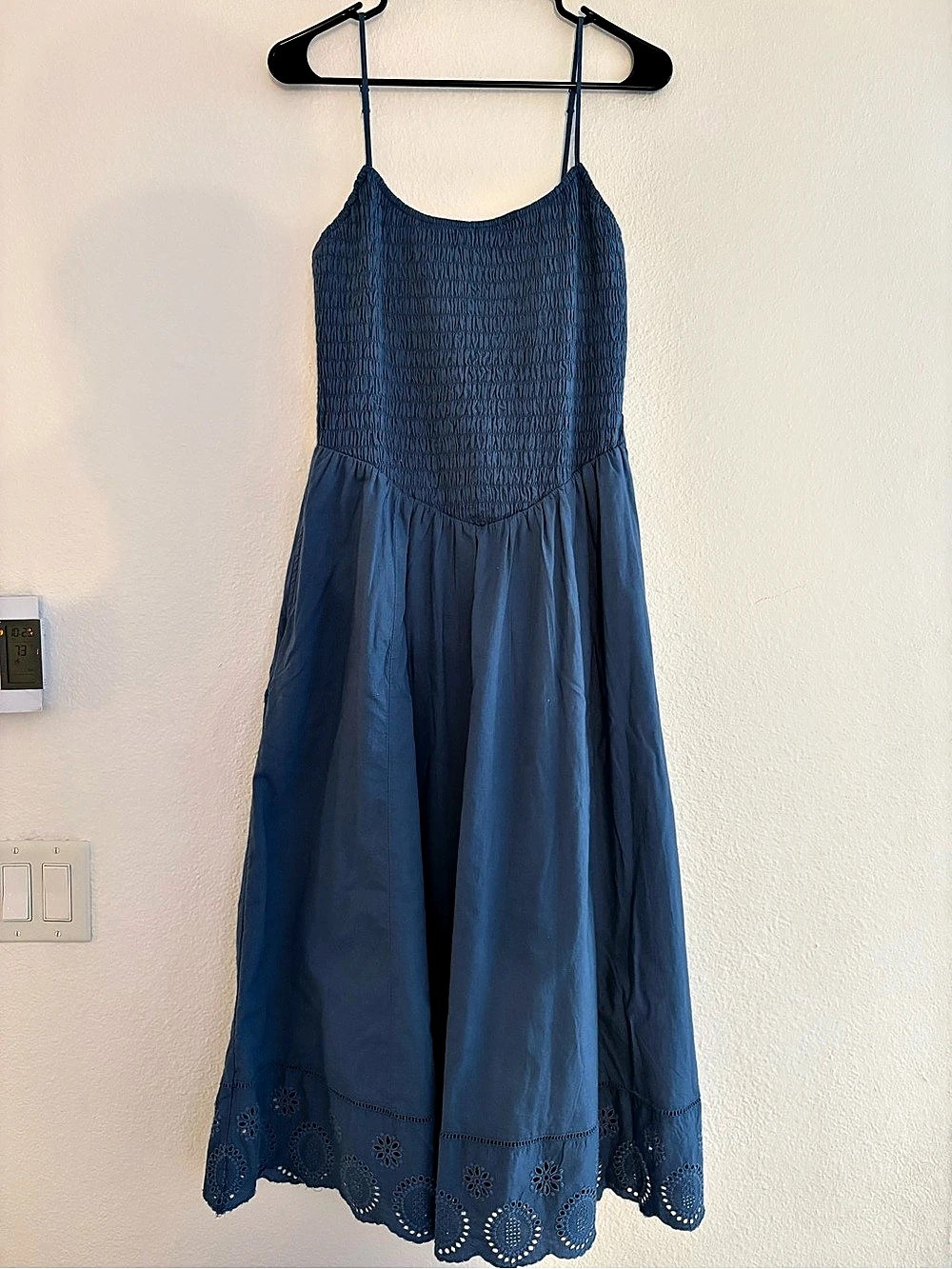 American Eagle AE Smocked Eyelet Midi Dress Blue Medium